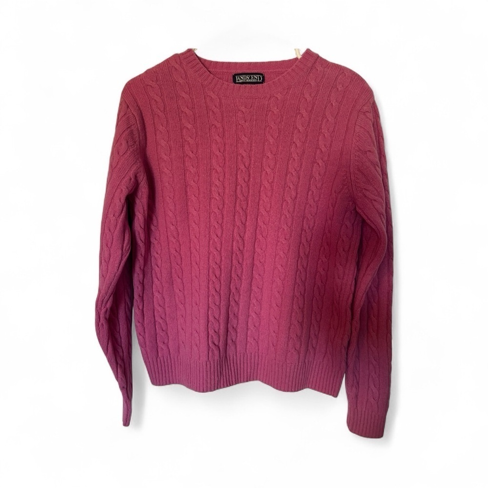 Lands' End Fuchsia Pink 100% Lamb Wool Cable Knit Medium Sweater